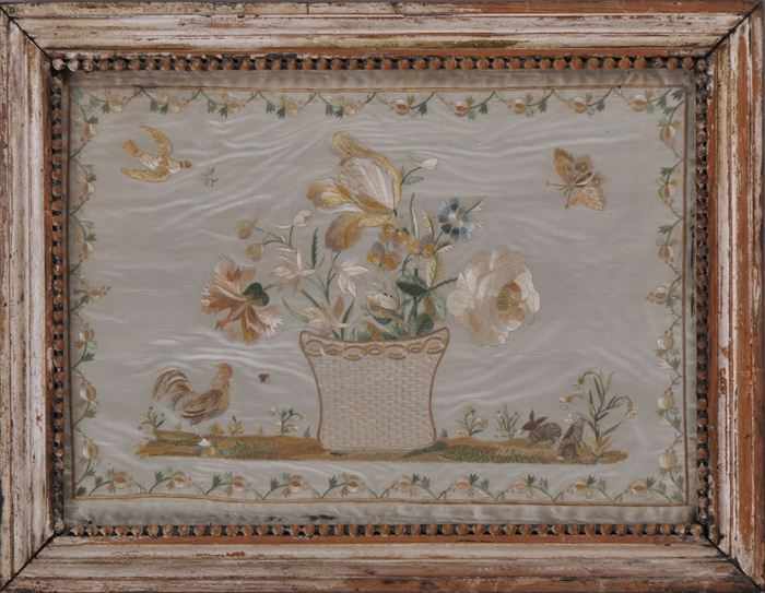 Appraisal: PAIR OF REGENCY SILK-EMBROIDERED FIRE FANS AND A SILKWORK PICTURE