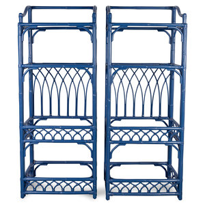 Appraisal: A Pair of Contemporary Blue-Painted Rattan Bookshelves TH ST CENTURY