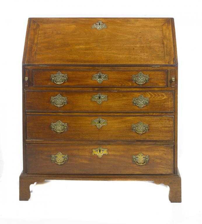 Appraisal: A GEORGE III MAHOGANY BUREAU the fitted interior with architectural