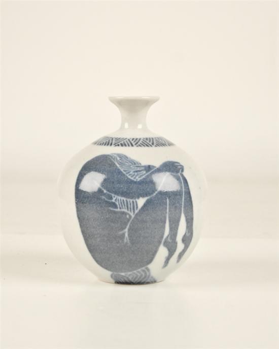 Appraisal: Signed Modern Scandivnian-style Ceramic Vase Cobalt blue underglaze incised decorative