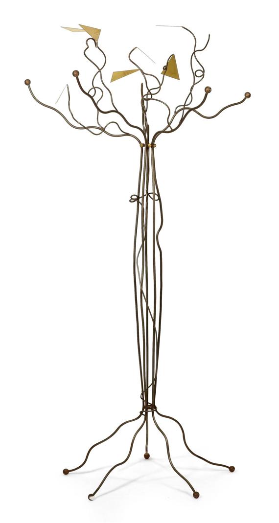 Appraisal: FRENCH COAT-RACK SCULPTURE Wrought iron and brass Shaped like a