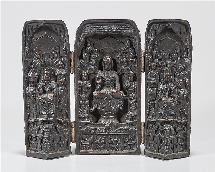 Appraisal: Chinese carved wood devotional triptych with two hinged-lid closing panels