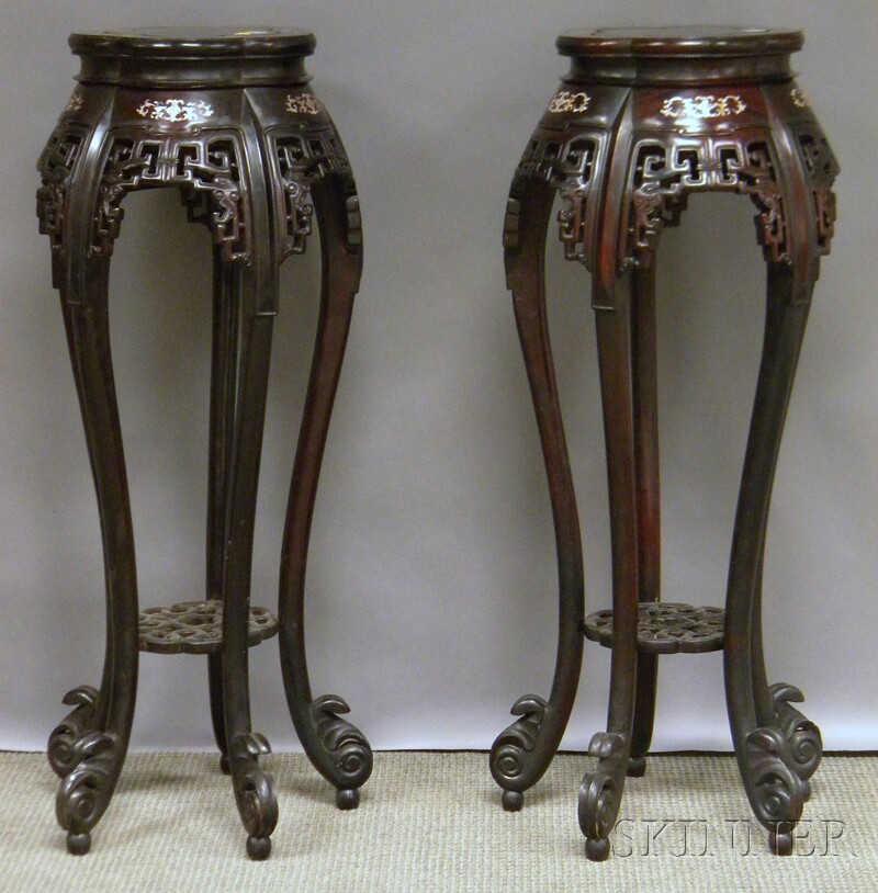 Appraisal: Pair of Asian Export Mother-of-pearl-inlaid Carved Rosewood Stands ht top