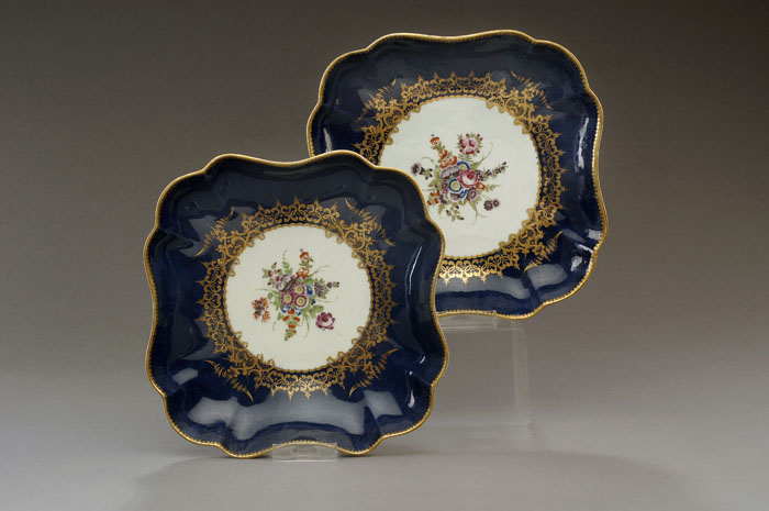 Appraisal: THREE WORCESTER PORCELAIN WET BLUE-GROUND DESSERT DISHES CIRCA - Comprising