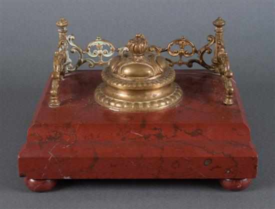 Appraisal: Continental probably French bronze inkstand on rouge marble base late