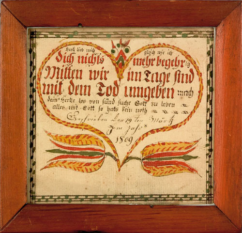 Appraisal: Southeastern Pennsylvania ink and watercolor fraktur dated with a heart