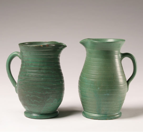 Appraisal: Two Waco Bybee matte green art pottery pitchers with pronounced