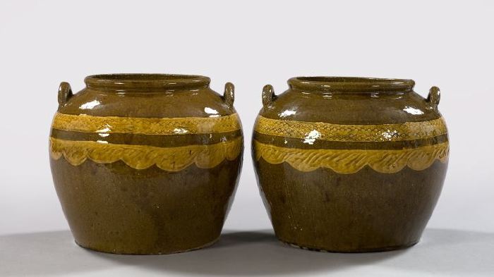 Appraisal: Large Pair of Far Eastern Gloss-Glazed Ochre-Banded Russet Stoneware Storage