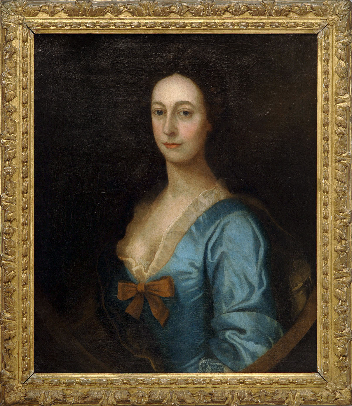 Appraisal: PORTRAIT OF A WOMAN IN BLUE DRESS WITH BROWN BOW