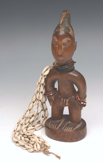 Appraisal: AN AFRICAN CARVED WOODEN TRIBAL FIGURE with attached beads cm