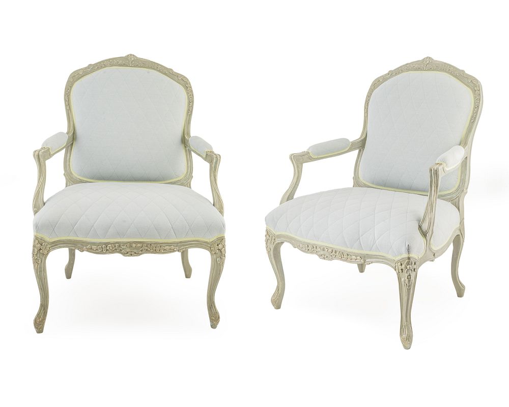 Appraisal: A Pair of Louis XV Style Painted Fauteuils a la