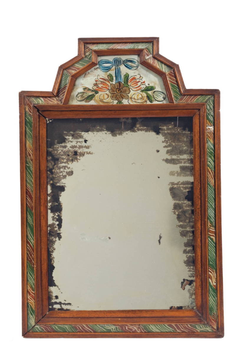 Appraisal: CUSHION-BACK PINE AND EGLOMISE COURTING MIRROR The architectural arched crest