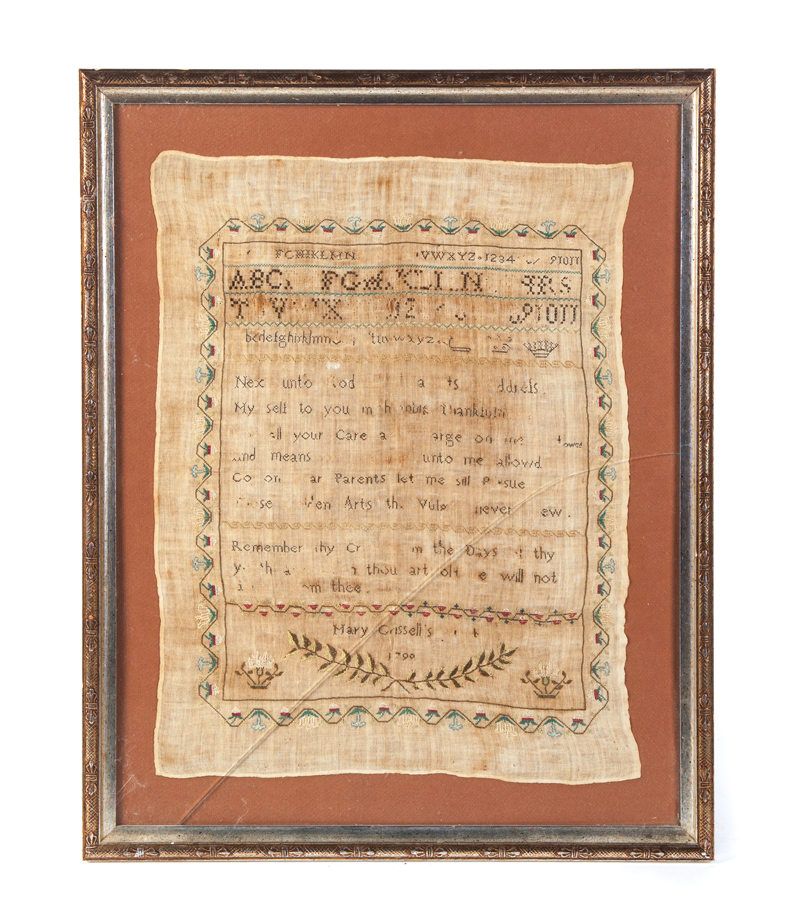 Appraisal: SAMPLER American or English silk on linen Finely stitched with