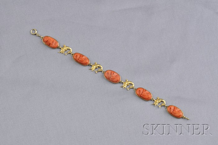 Appraisal: kt Gold and Coral Bracelet composed of five carved coral