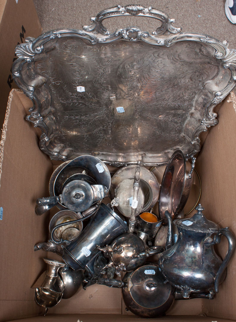 Appraisal: Box of assorted silver-plated items including coffee pots teapots chocolate