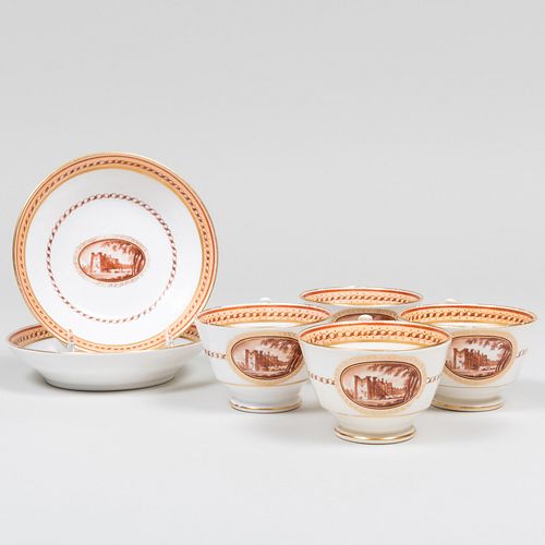 Appraisal: SET OF FOUR ENGLISH SEPIA DECORATED PORCELAIN TEACUPS AND TWO