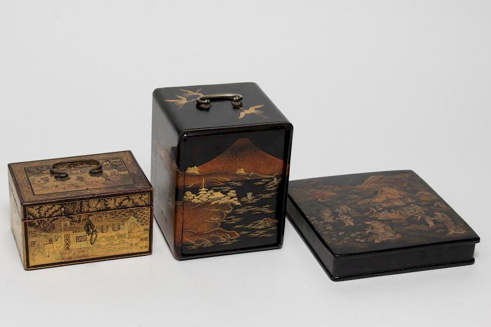 Appraisal: Asian Lacquerware Boxes Group of Vintage Three Japanese and Chinese