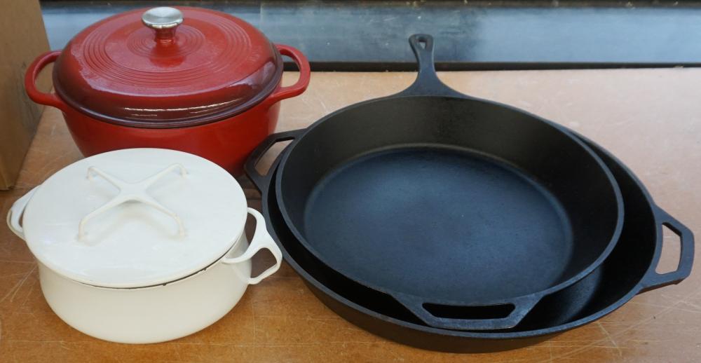 Appraisal: Le Creuset Lidded Lodge Enamel Casserole Dansk Casserole and Two