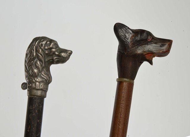 Appraisal: AN EDWARDIAN SHORT CANE with carved wooden dogs head top