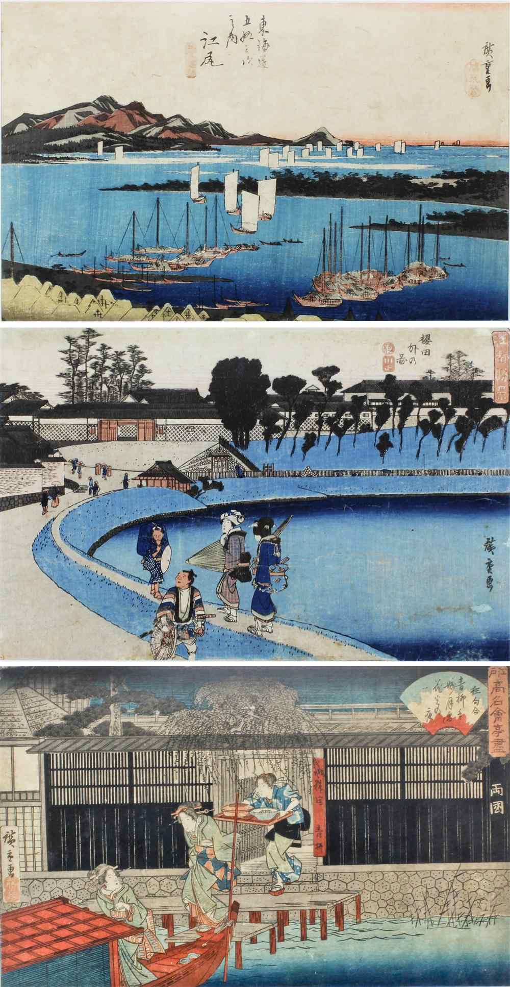 Appraisal: THREE JAPANESE UKIYO-E WOODBLOCK PRINTS all framed after Hiroshige