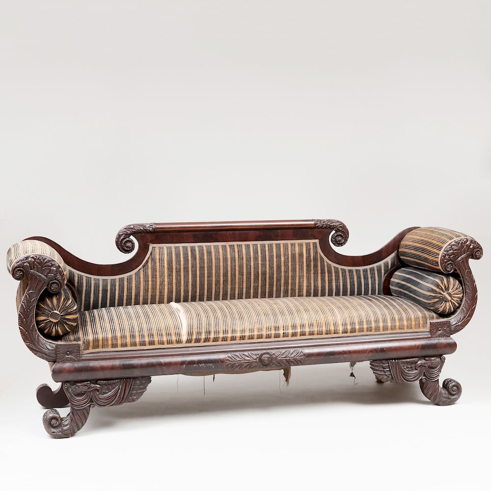 Appraisal: Classical Carved and Figured Mahogany Sofa Inventory label on the