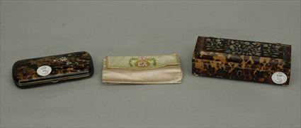 Appraisal: Two Victorian Mother-of-Pearl Inlaid Tortoiseshell Boxes together with an Embroidered