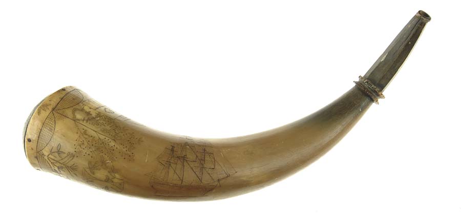 Appraisal: LARGE SCRIMSHAWED POWDER HORN The horn has a turned and