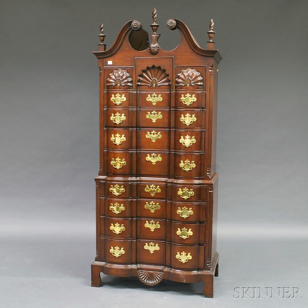 Appraisal: Chippendale-style Shell-carved Mahogany Block-front Chest on Chest the upper section