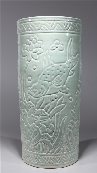 Appraisal: Chinese celadon glazed porcelain umbrella stand with incised fish designs