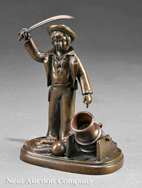 Appraisal: An Antique Patinated Bronze Figural Group of a Naval Cannoneer