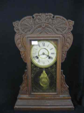 Appraisal: New Haven Clock fancy oak gingerbreadcase '' tall working