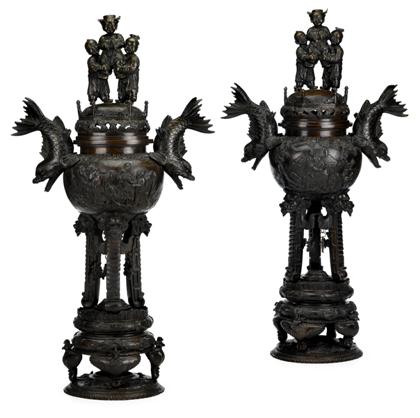 Appraisal: Pair of large Japanese ornamental bronze censers on standsmeiji period