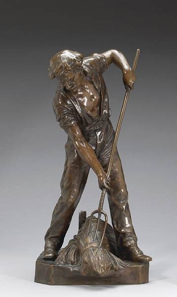 Appraisal: A French patinated bronze figure of a farm laborer after