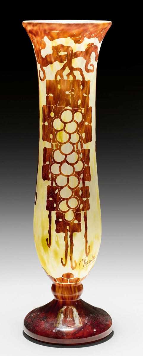 Appraisal: SCHNEIDER VASE circa Acid-etched yellow glass with brown overlay Signed