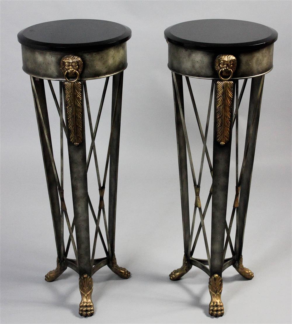 Appraisal: PAIR OF EMPIRE STYLE METAL PLANT STANDS fashioned of burnished