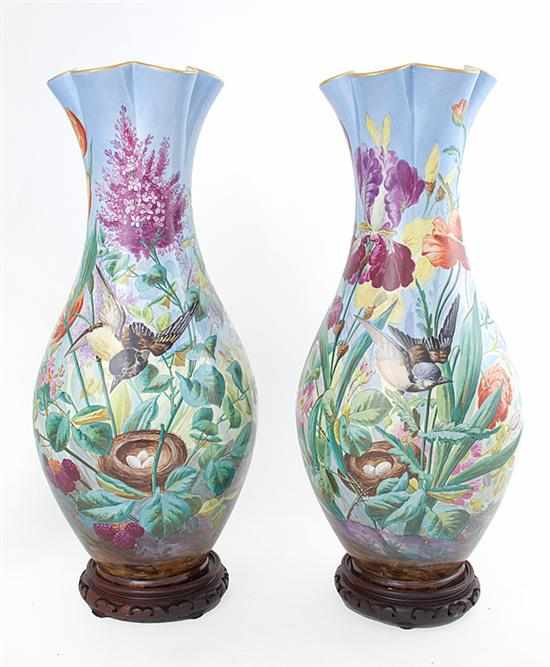 Appraisal: Pair Continental painted ceramic vases circa possibly Belgian bulbous form