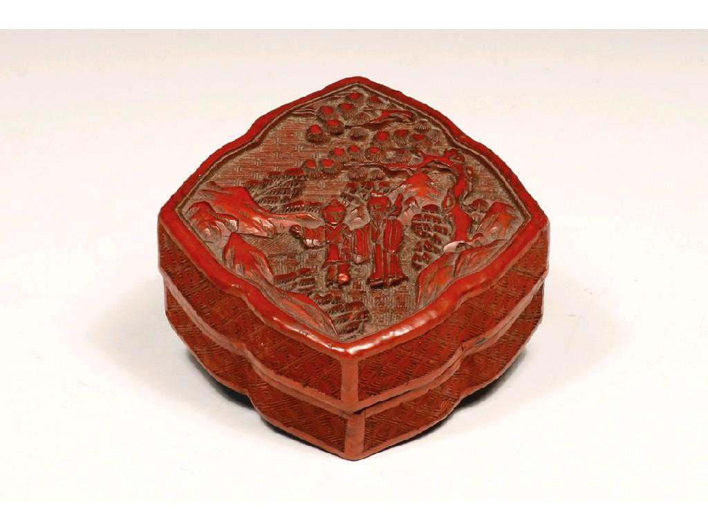 Appraisal: A CHINESE CINNABAR LACQUER QUATREFOIL BOX decorated with figures in