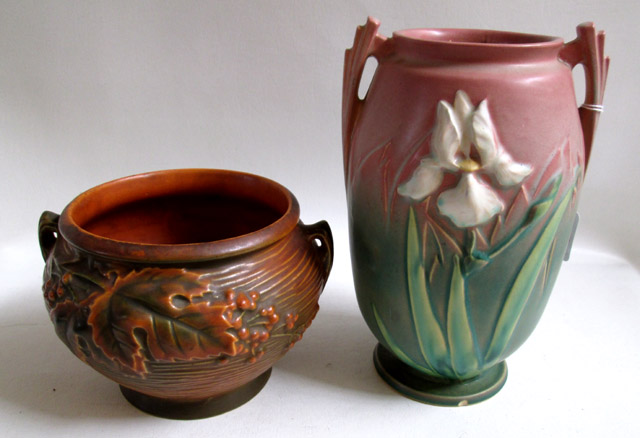 Appraisal: TWO AMERICAN ROSEVILLE ART POTTERY PIECES Iris pattern vase -