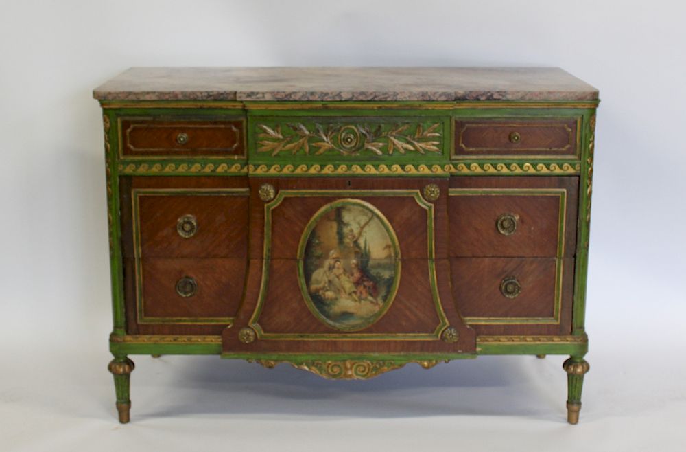 Appraisal: Antique Satinwood Paint Decorated and Marbletop Commode From a Larchmont