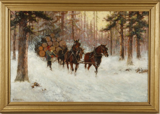 Appraisal: Hauling Timber oil on canvas x SLL R Atkinson Fox