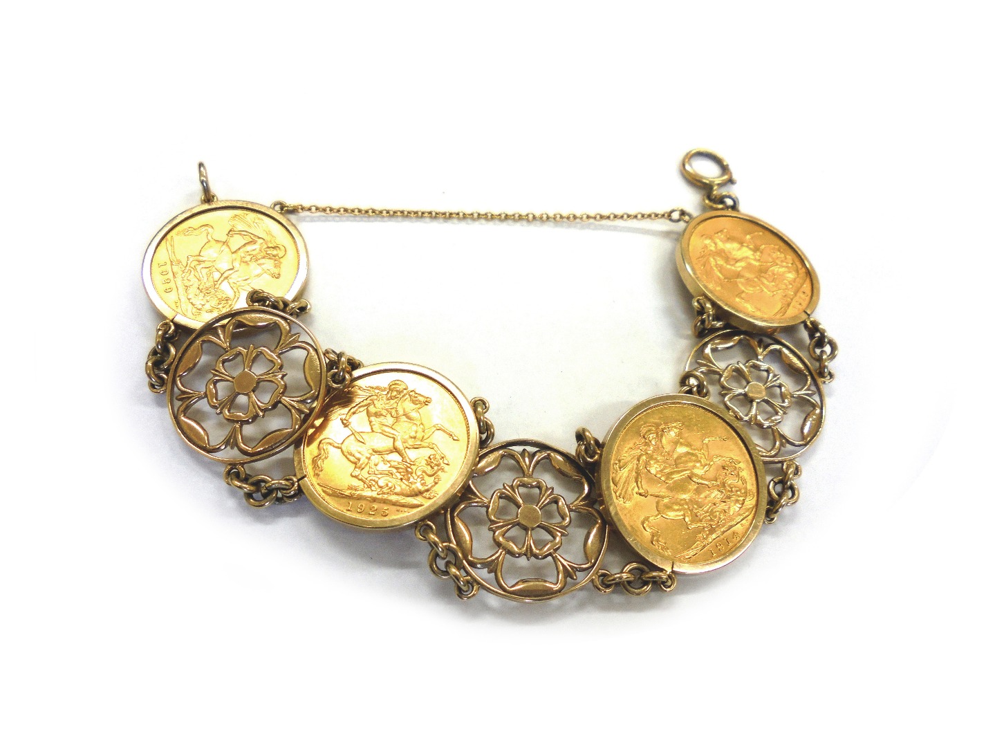 Appraisal: A ct gold and sovereign four coin bracelet the sovereigns