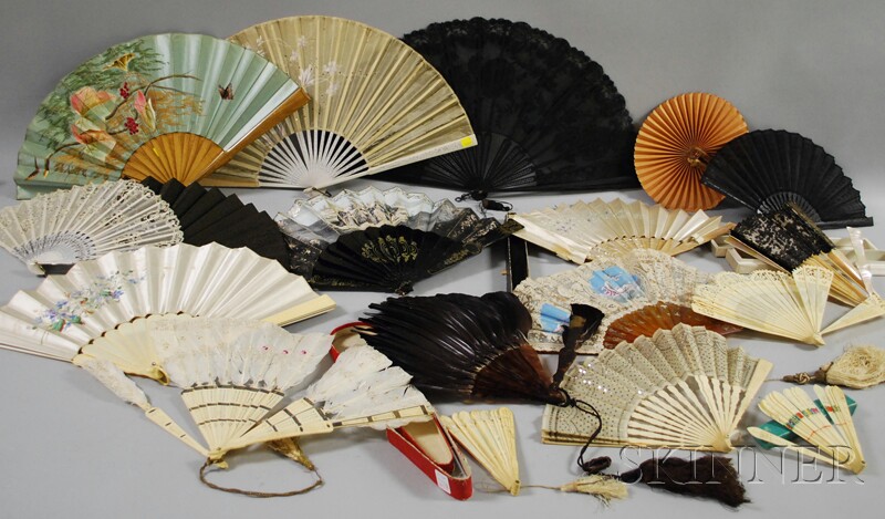 Appraisal: Nineteen Assorted Hand Fans mostly th century including feather paint-decorated