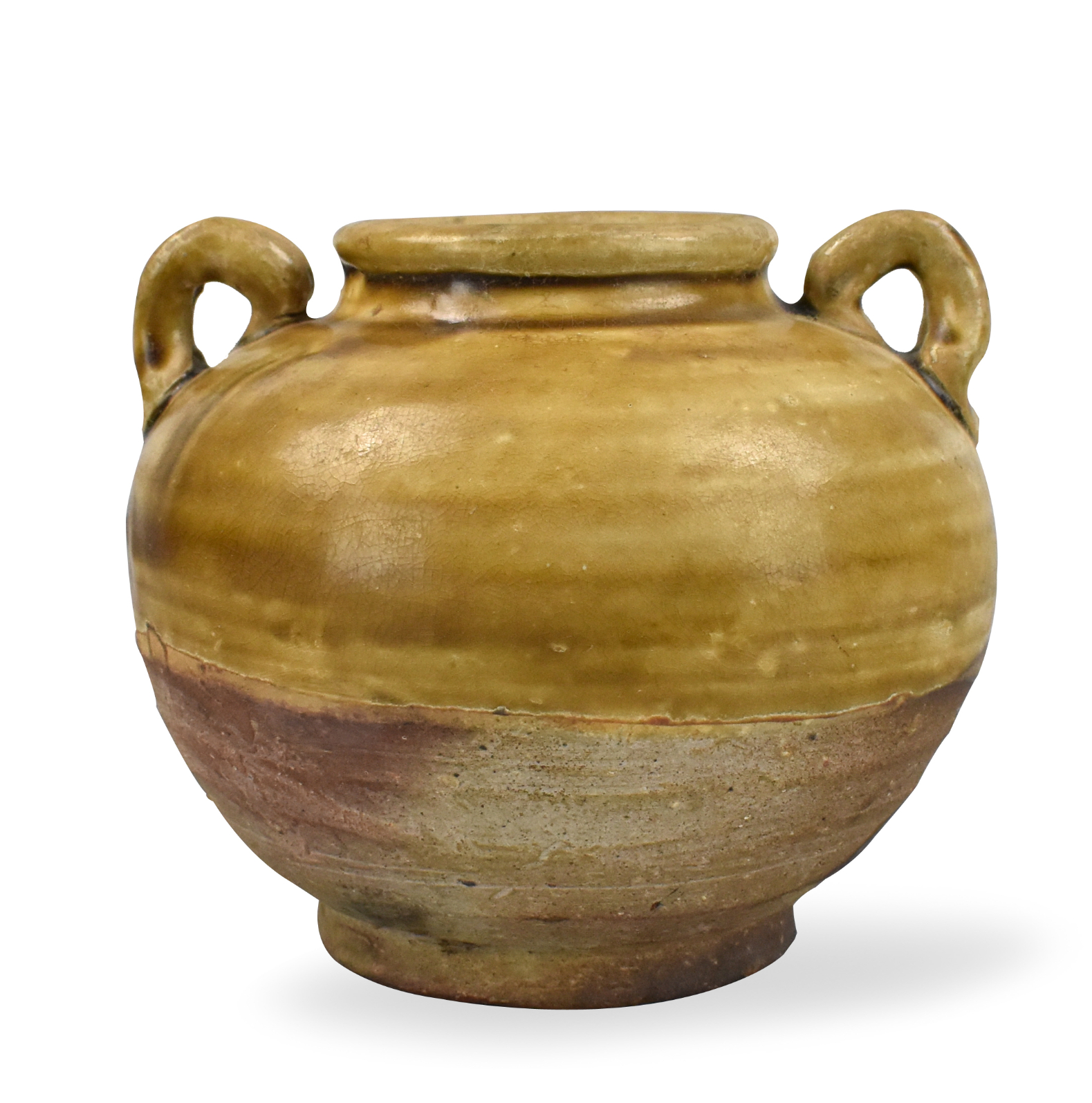 Appraisal: An olive-glazed handled jar Only top portion with handles is