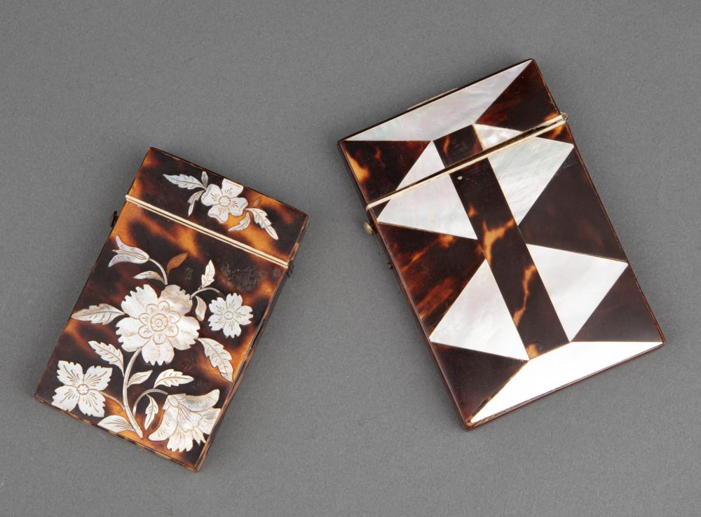 Appraisal: Two English Victorian Mother-of-Pearl Inlaid Tortoiseshell Card Cases geometric and