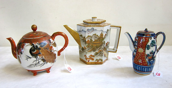 Appraisal: THREE JAPANESE TEAPOTS in various forms having Satsuma Kutani and