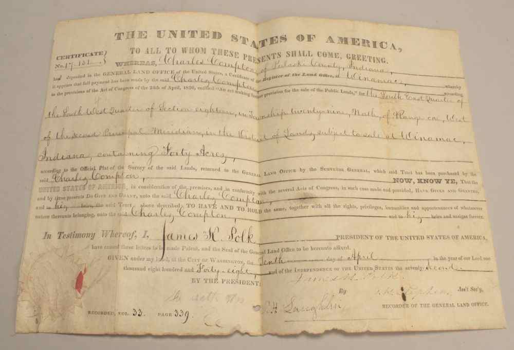 Appraisal: AUTOGRAPH JAMES K POLKSigned land deed for Polaski County Indiana