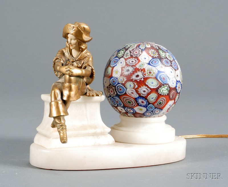 Appraisal: Gilt-metal Figural and Millefiori Art Glass Table Lamp with Stone