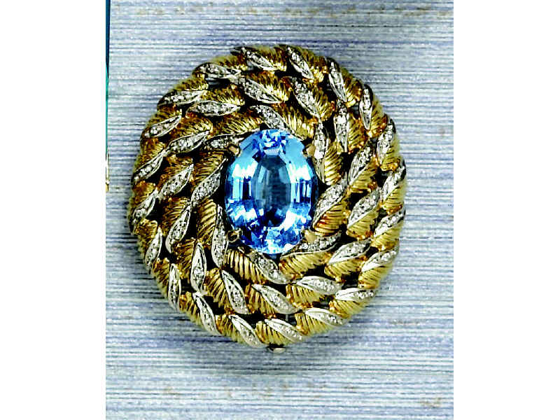 Appraisal: BLUE TOPAZ AND DIAMOND PENDANT BROOCH Two tone round brooch