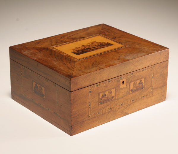 Appraisal: Mauchline ware inlaid sewing box large and impressive example of