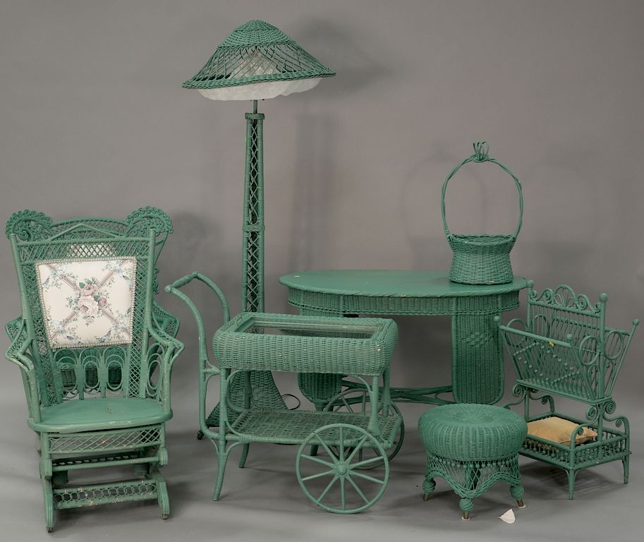 Appraisal: Eight piece wicker lot to include tea cart floor lamp